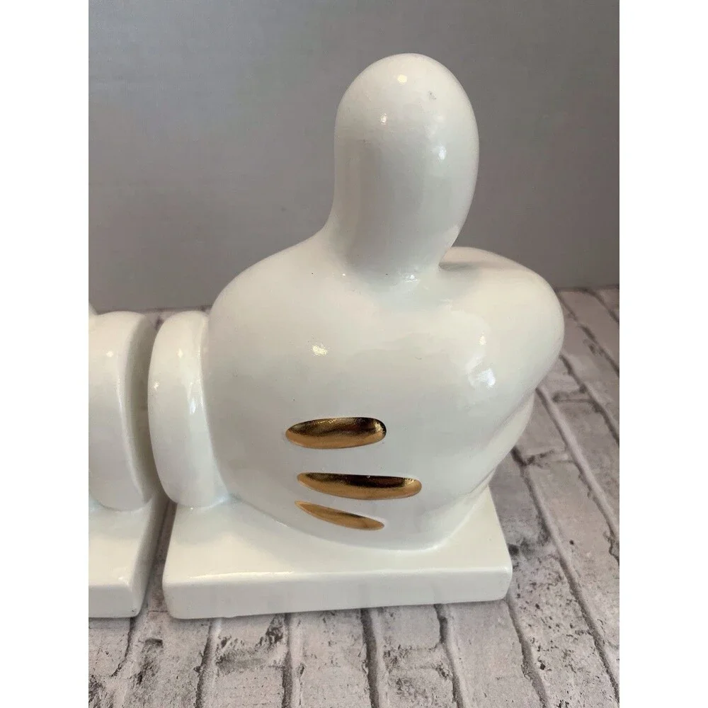 Disney Mickey Mouse Thumbs Up White Gloves Bookends Ceramic Hands Set 5.5 x 8.5